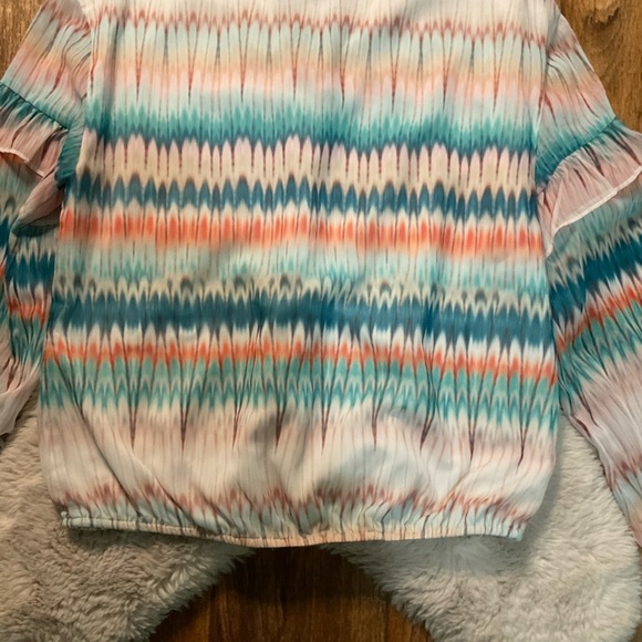 INC Women's Blouse Size Medium Long Sleeve Colorful Tie Neck Ruffle Elastic Wst - Picture 9 of 11